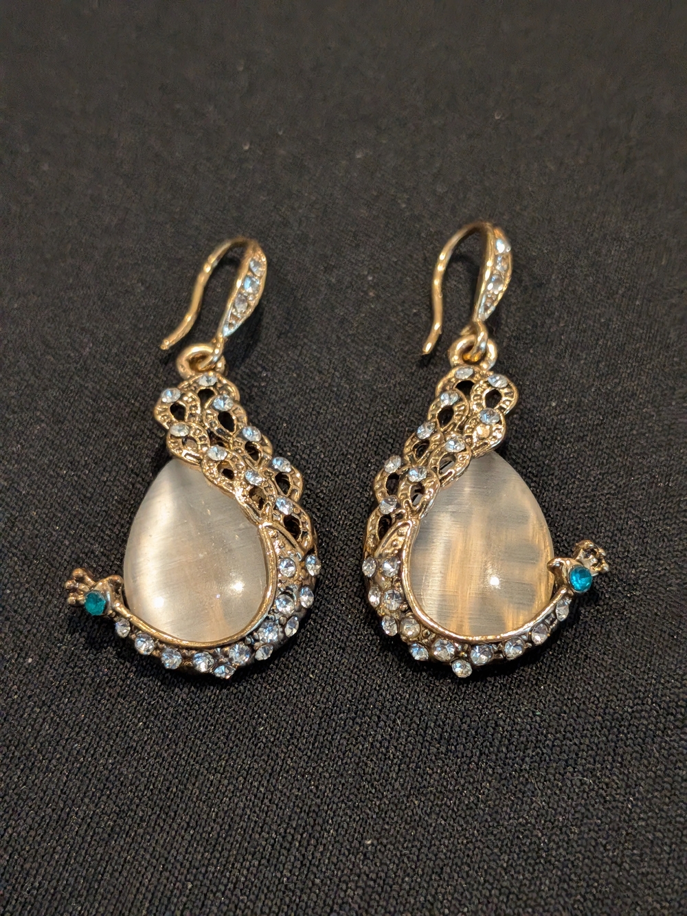 Gold-Tone Crystal Teardrop Dangle Earrings with Opalescent Cabochons